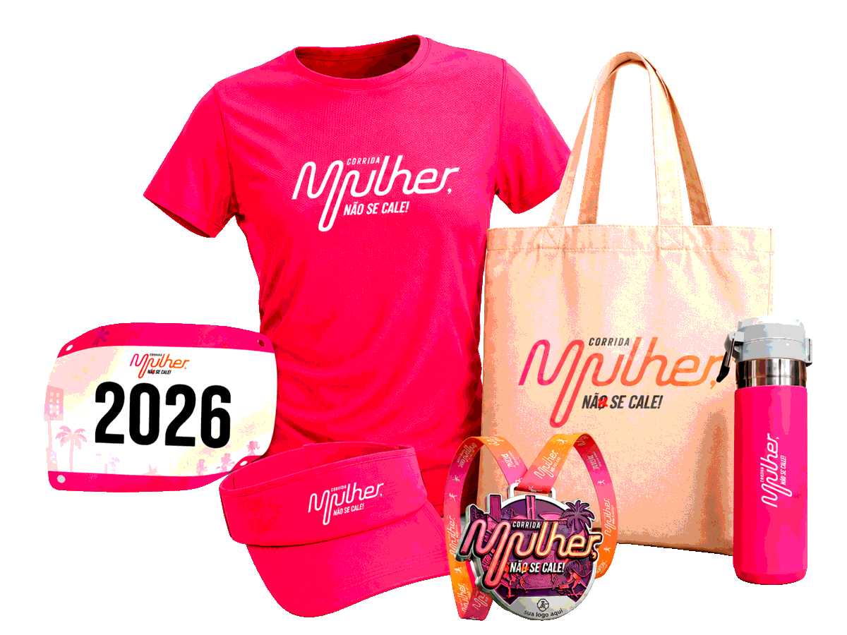 Kit oficial da Corrida Mulher, Não Se Cale! — camisa, viseira, número de peito, medalha, ecobag e garrafinha