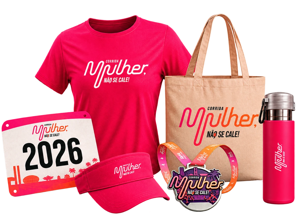 Kit oficial da Corrida Mulher, Não Se Cale! — camisa, viseira, número de peito, medalha, ecobag e garrafinha