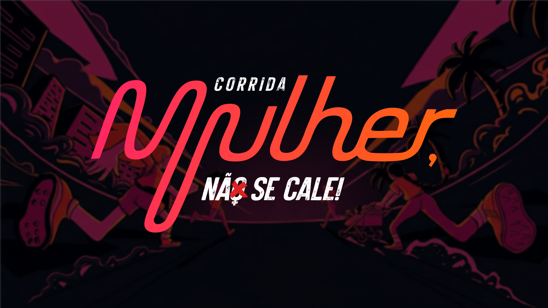 Pórtico de largada da Corrida Mulher, Não Se Cale! 2026, com espaços para logomarcas dos patrocinadores